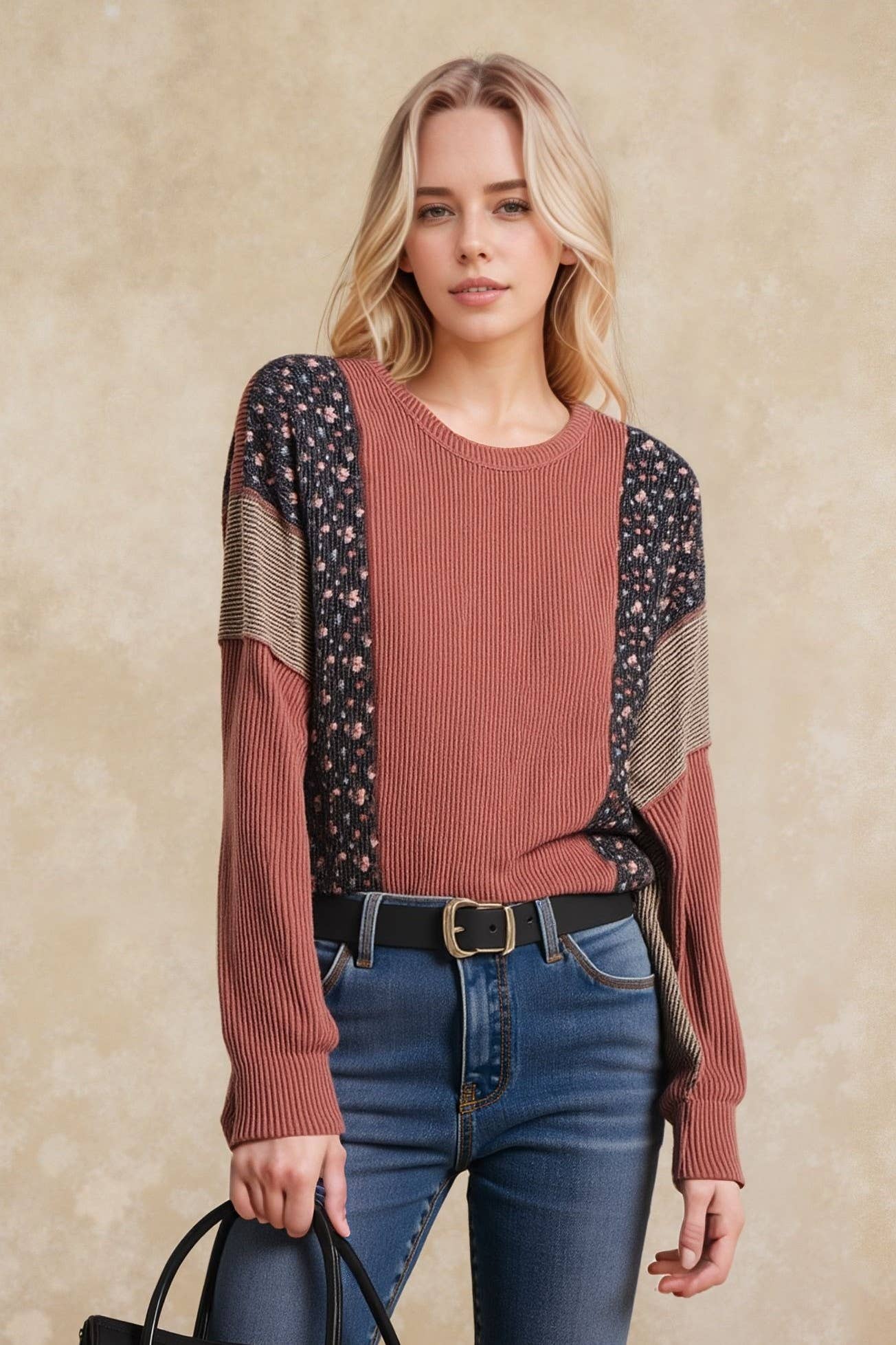 HEIMISH – wholesale Tunic – Women’s – ET7988-11 SOLID AND FLORAL URBAN RIB CONTRAST TOP2