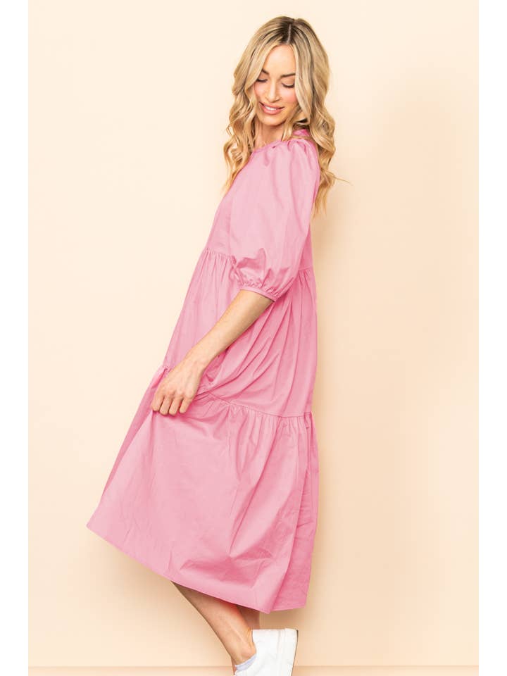 Elloh Collection - Wholesale Dress - Women's - SALE! Poplin Puff Sleeve Tiered Midi Dress with Pockets