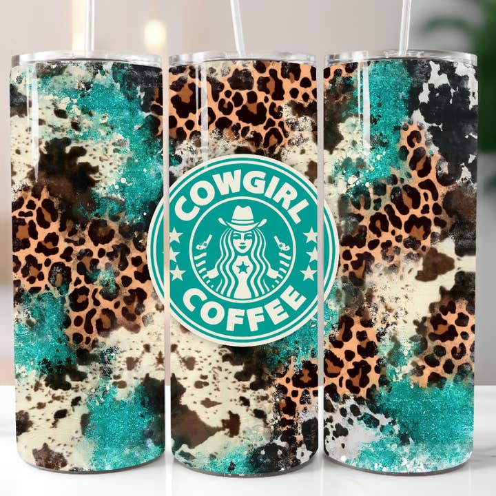 Turquoise Cowhide Coffee Queen 20oz Western Tumbler for wholesale by AvaryMaeInspirations