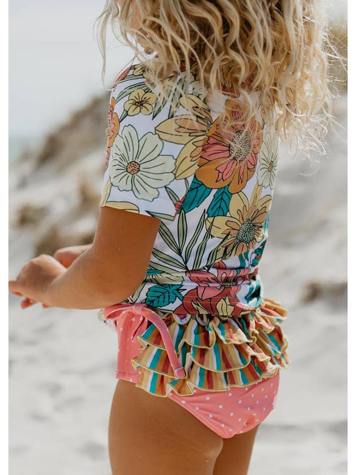 Oopsie Daisy - Wholesale Rashguard Set - Kids - Kids Pink Tropical Rash Guard Ruffle Swimsuit