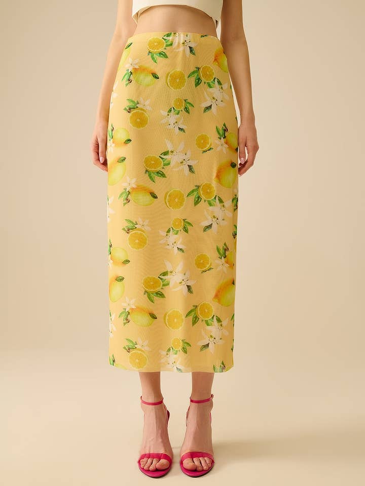 Yellow Fitted midi skirt with lemon print in mesh fabric for wholesale by Q2—All Orders:Free Duties for the US,UK,and Canada
