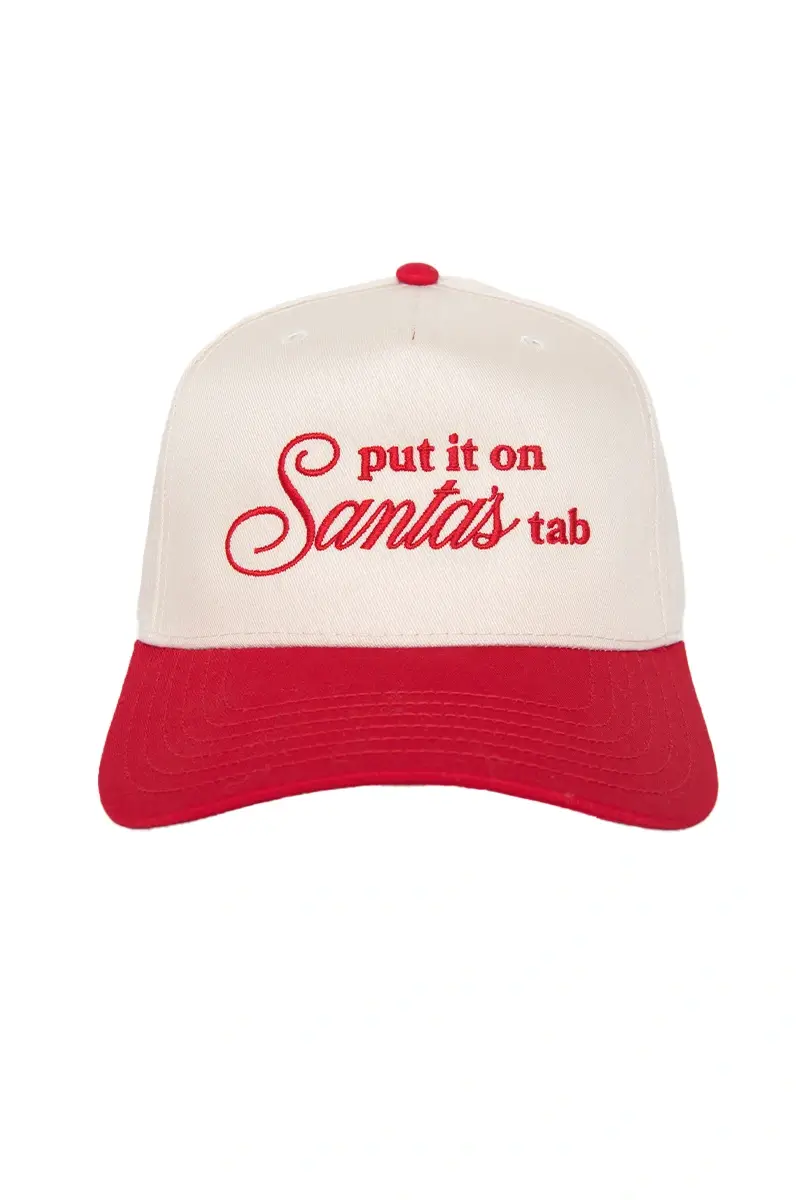 Red and Tan Put It On Santa's Tab Christmas Trucker Hat Vintage for wholesale on Faire2