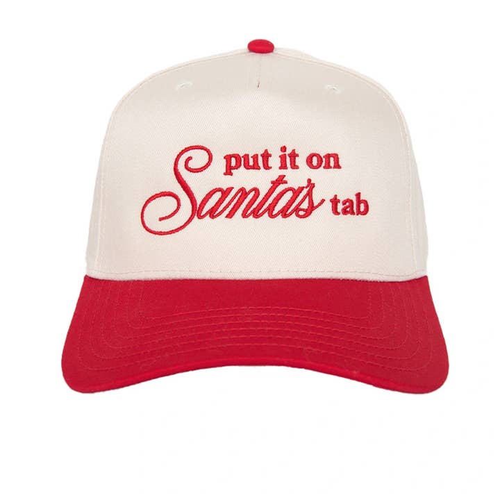 Red and Tan Put It On Santa's Tab Christmas Trucker Hat Vintage for wholesale on Faire2