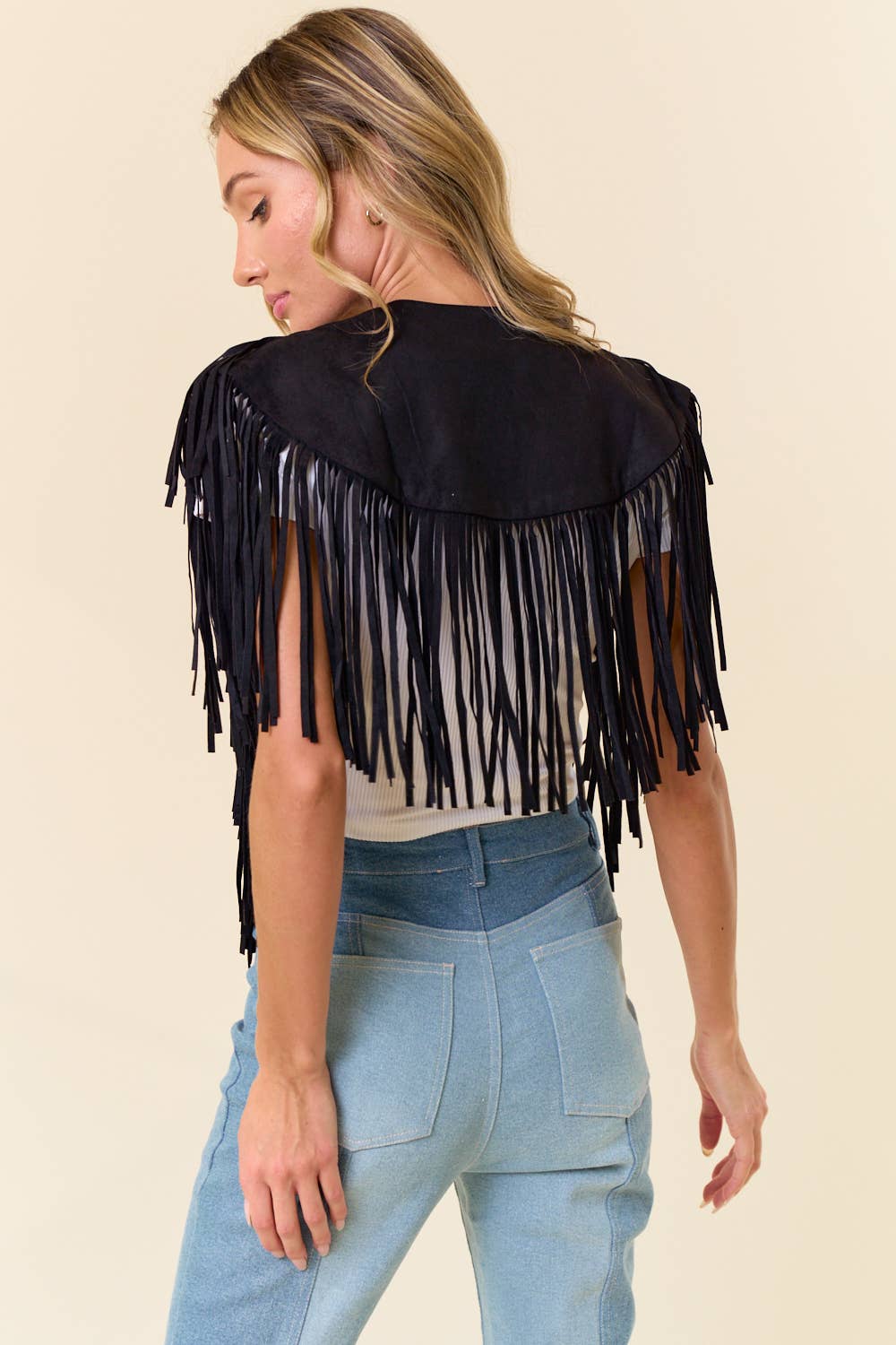 Saints & Hearts - Wholesale Outerwear Vest - Women's - SIJ5247A BLACK TRENDY WESTERN FRINGE SUEDE COLLAR / SHRUG4