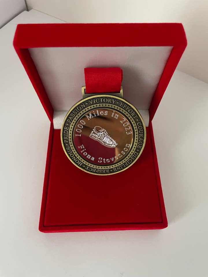 Engraved Running Shoe Logo Medal In Velvet Box for wholesale by Medal Envy