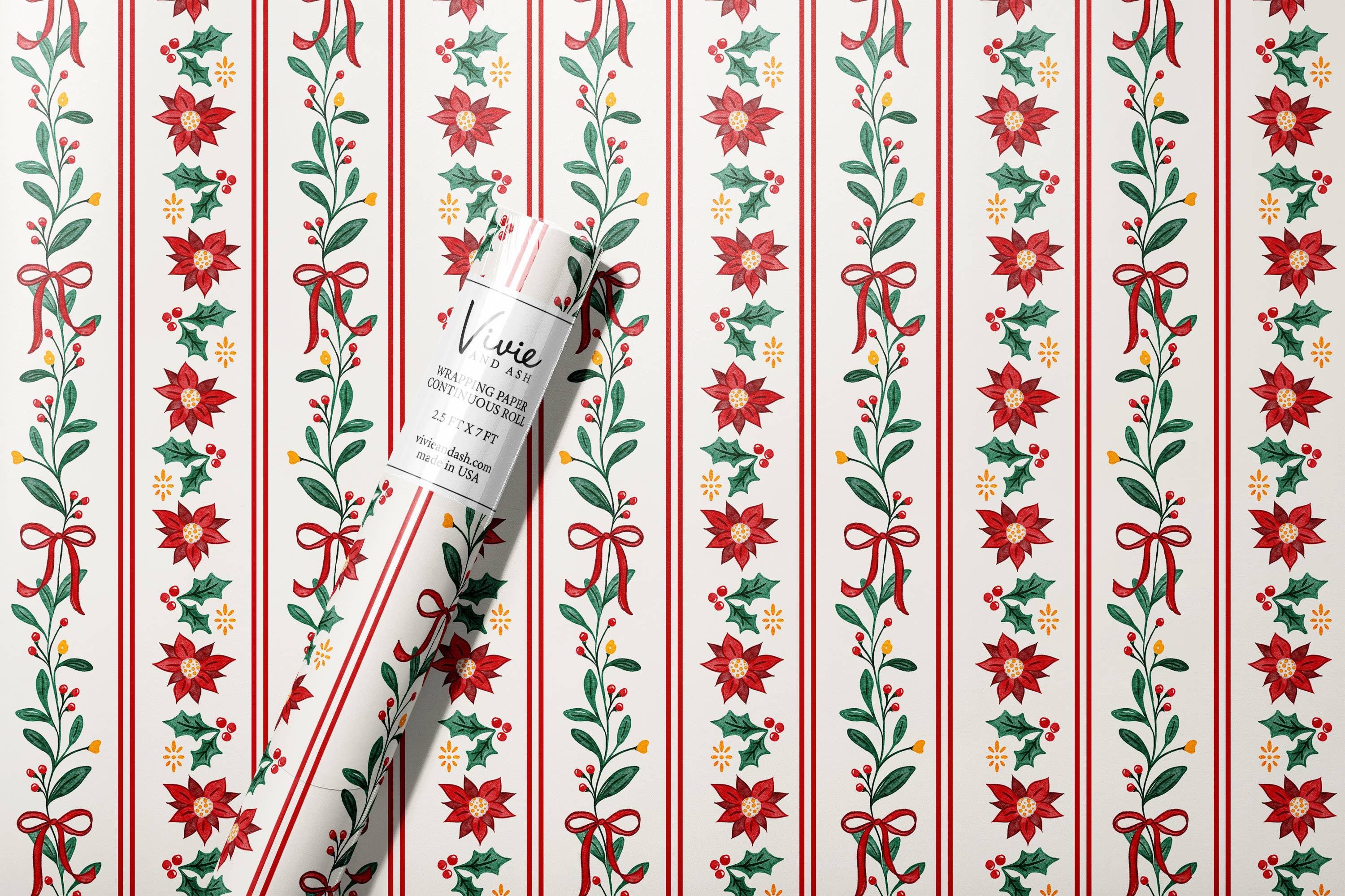 Vivie and Ash – Engroshandel Indpakningspapir – Julejulestjerne Blomsterstribet Gavepapir Rulle1