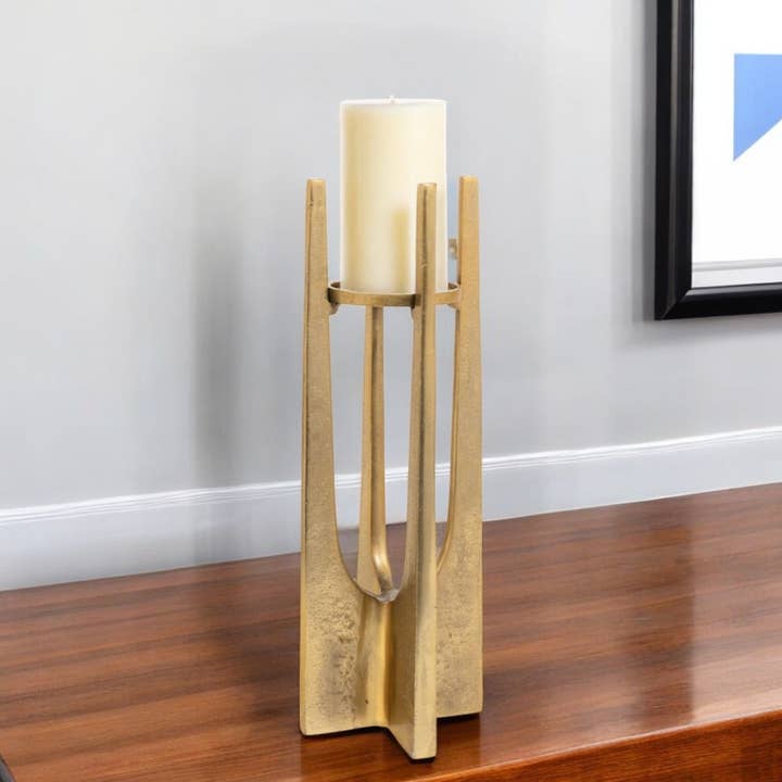 16" Gold Distressed Aluminum Tabletop Pillar Candle Holder for wholesale by HomeRoots
