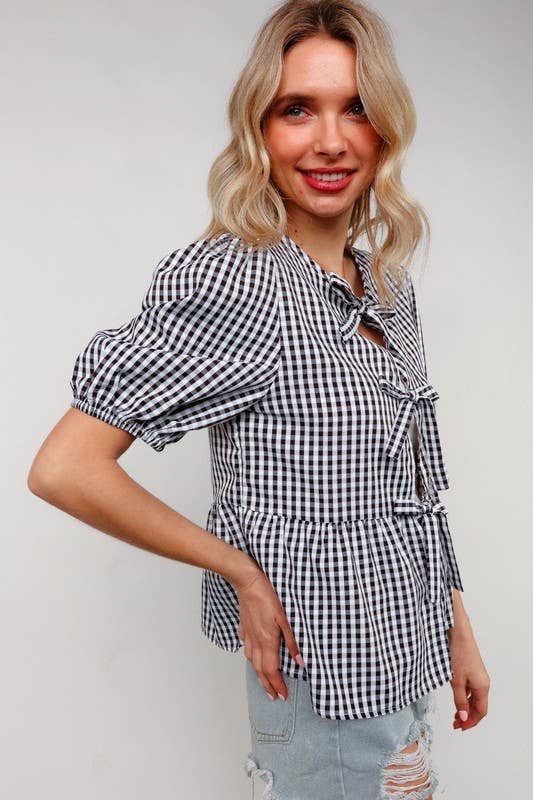 NOIR/BLANC Haut à manches courtes vichy babydoll à ruban en vente sur Faire4