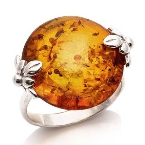 Anillo grande de piedra redonda con ámbar coñac redondo y plata de ley para venta al por mayor de OPALOOK France