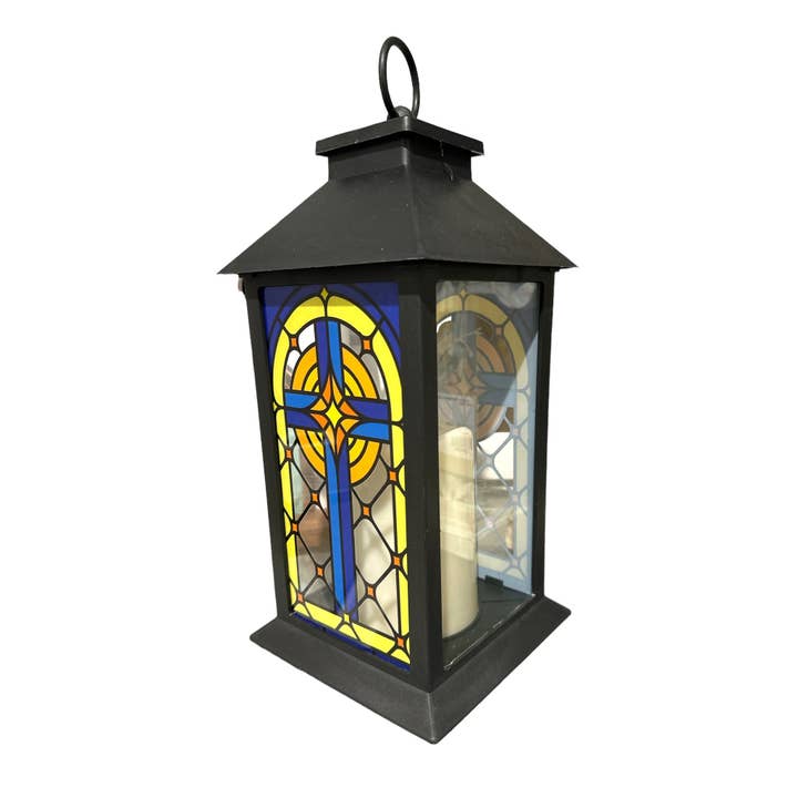 28 cm farvet glas kors lanterne med LED-lys for engroshandel hos Tremont Floral Supplies