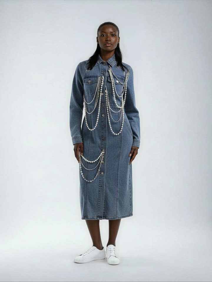 Pearl Embellished Denim Dress – 82887 for wholesale by For Her NYC