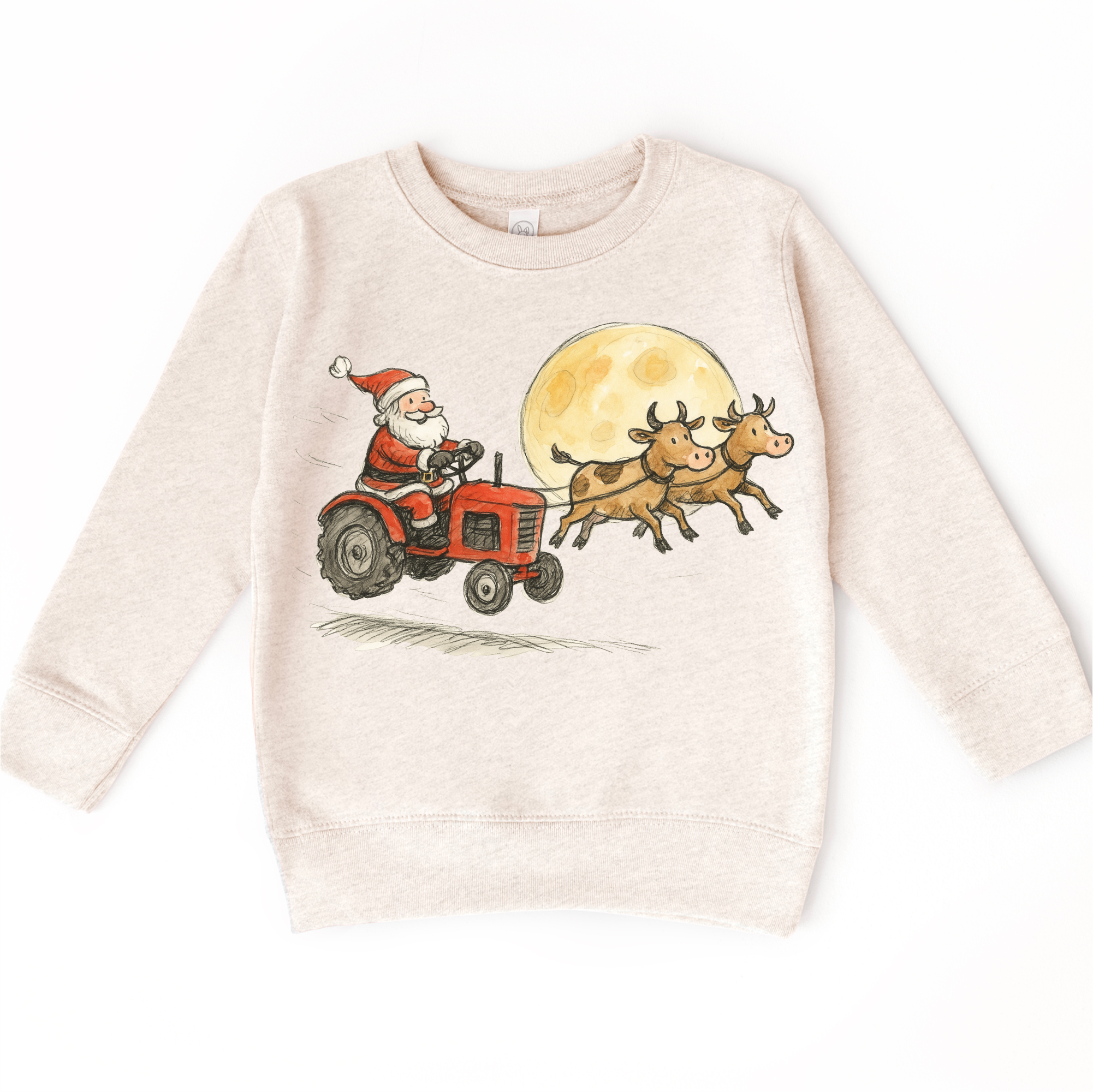 Madi Moosh – T-shirts estampadas – Criança por atacado – Camisola de Natal Infantil - Trator do Pai Natal e Vacas na Quinta4