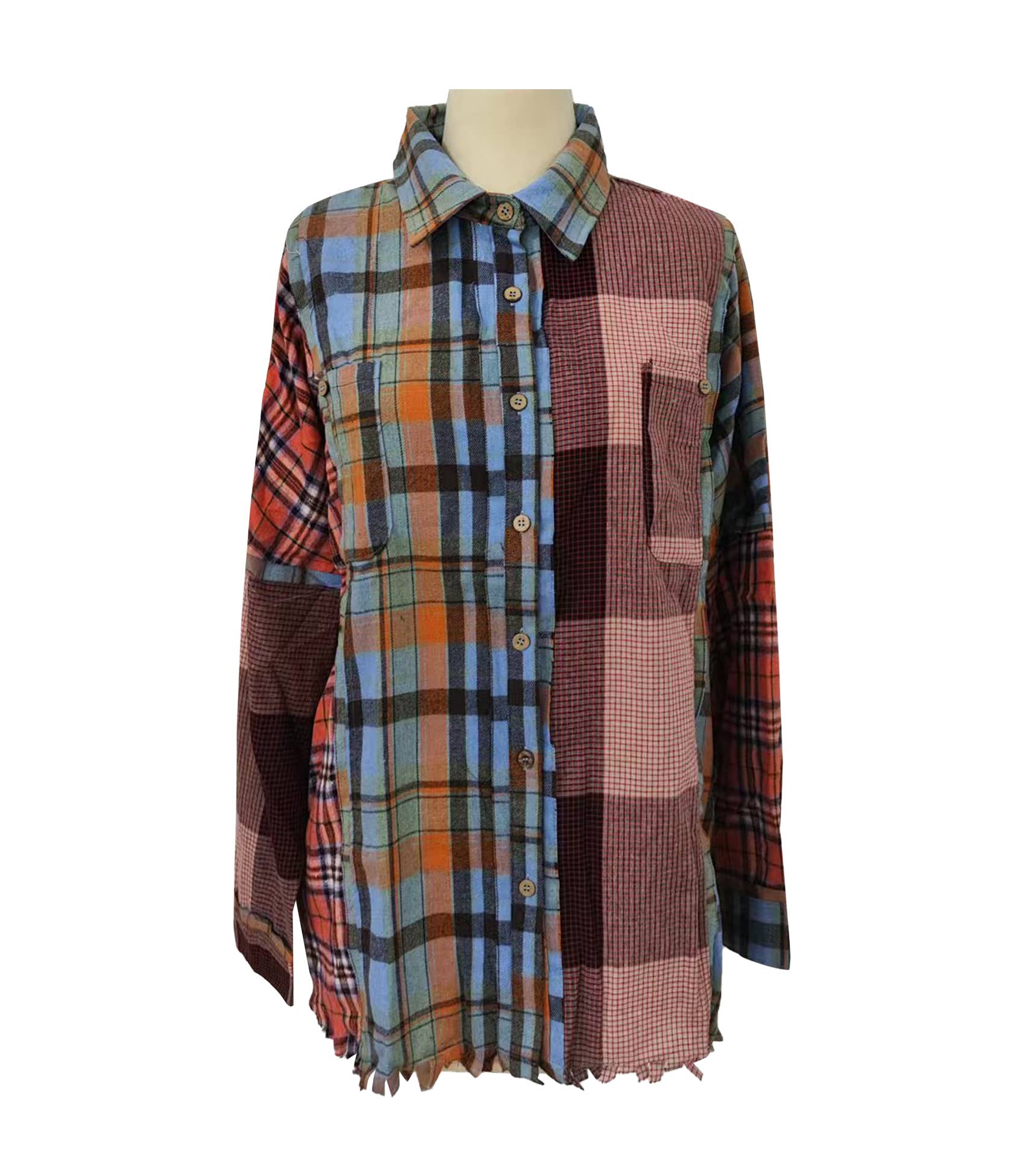 Rosa Clothing - Vente Chemise – femme - Chemise vintage à carreaux patchwork à bords bruts0