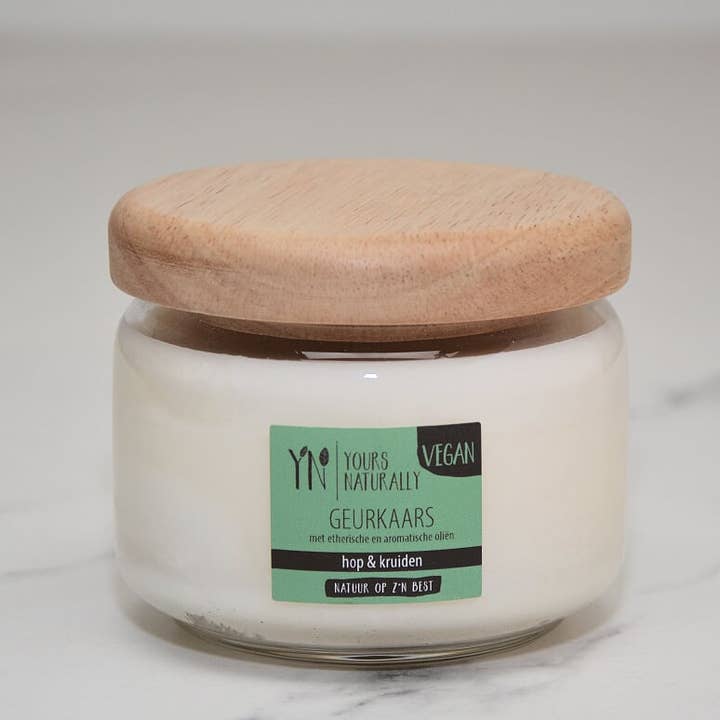 Pop Jar Vegan Scented Candle with a wooden lid Hop & Herbs for wholesale by Yours Naturally