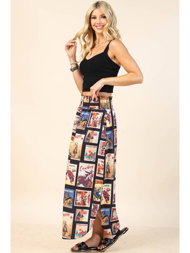 Negro Multi FALDA DE CINTURA ELÁSTICA AHUMADA CON ESTAMPADO VAQUERO VINTAGE AV1213-TESS de venta al por mayor en Faire