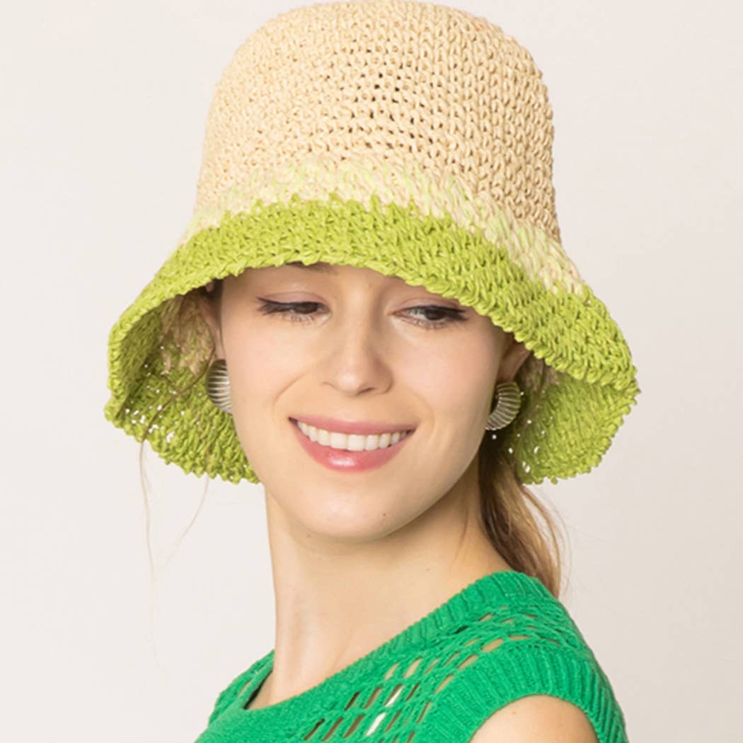 Fashion City - Wholesale Bucket Hat - Women's - Two Tone Color Block Straw Bucket Hat4