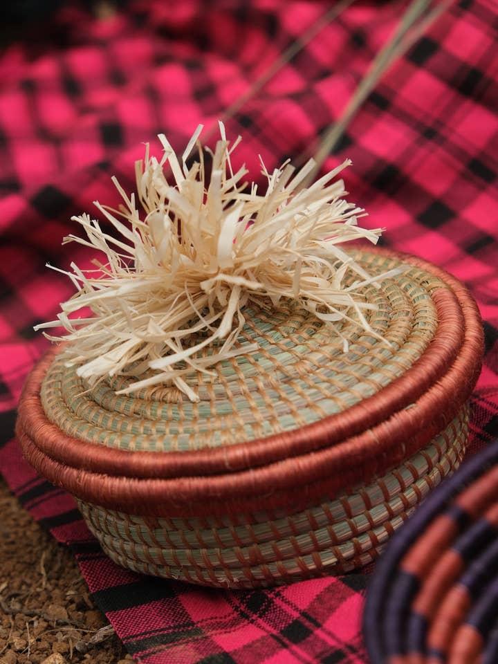 Rust Pom Pom Lidded Woven Basket - Natural - Fair Trade for wholesale by Hands Producing Hope