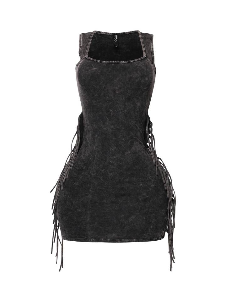 ICE CEMENT Mineral washed side fringe mini dress for wholesale on Faire