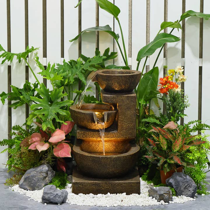 Hi-Line Gift Ltd. - Wholesale Outdoor Ornament/Decor - Cascading Bowl Fountain with Dual Warm White LEDs - Brown