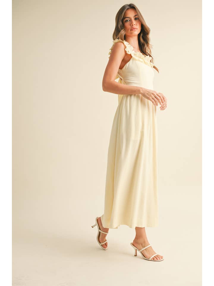 Klesis - Wholesale Dress - Women's - ID8957 LINEN RUFFLED SQUARE NECKLINE MIDI DRESS