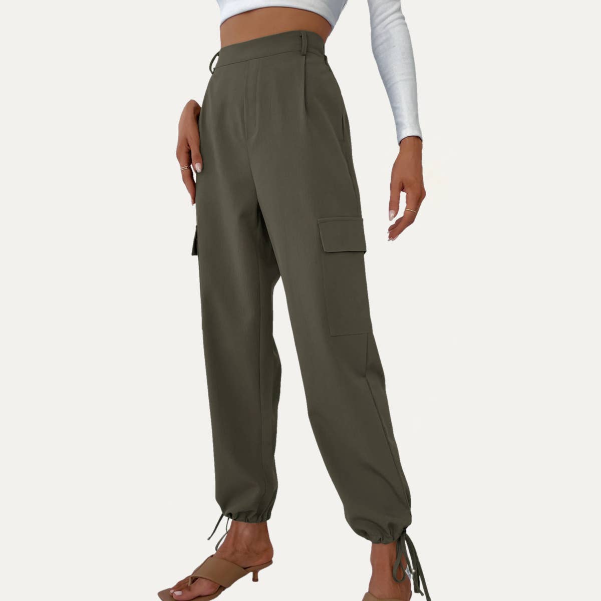 Dark Olive Casual High Waisted Pockets On Tie-Hem Jogger Pants for wholesale on Faire1