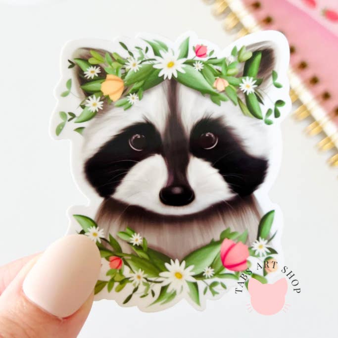 Spring Raccoon Vinyl Sticker for wholesale by Tabs Art Shop
