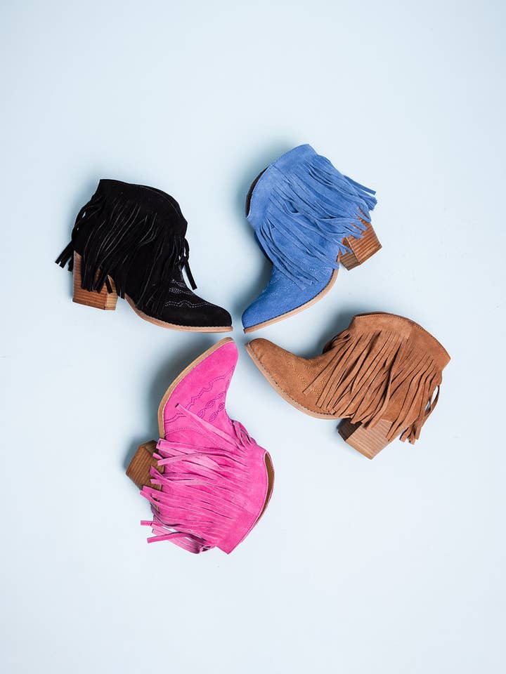 Amos Fringe Ankle Bootie in Suede for wholesale by Naughty Monkey