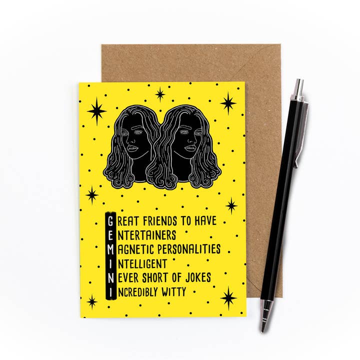 Gemini Zodiac Greetings Card for wholesale by Amy Illustrates