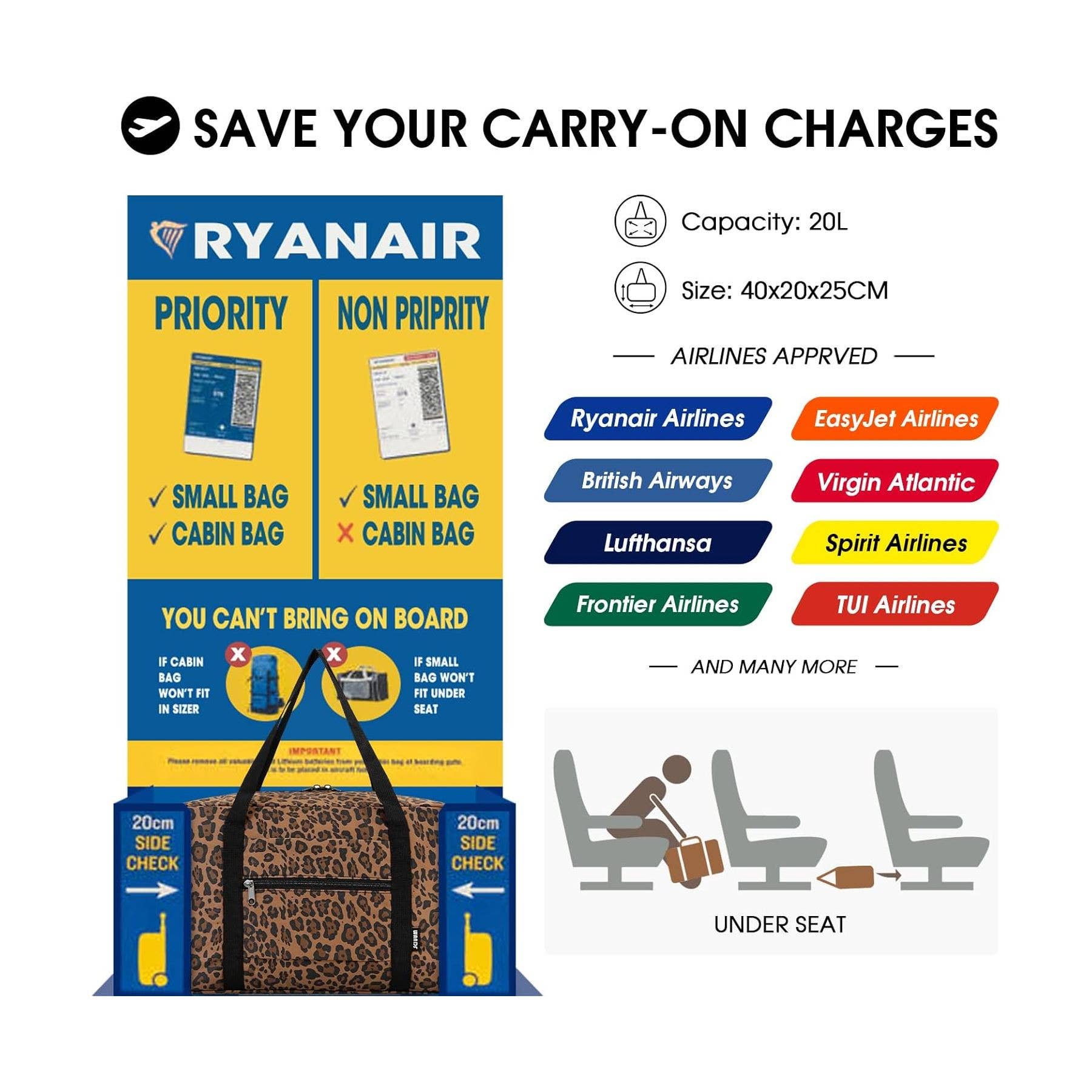 wandf – Saco de viagem - Mulher por atacado – Mala de Viagem Impressa 20L Armazenamento Sob o Assento para Companhias Aéreas5