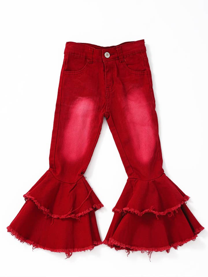Red Washed Double Layer Girls Bell Bottom Jeans for wholesale by sassy kids palace