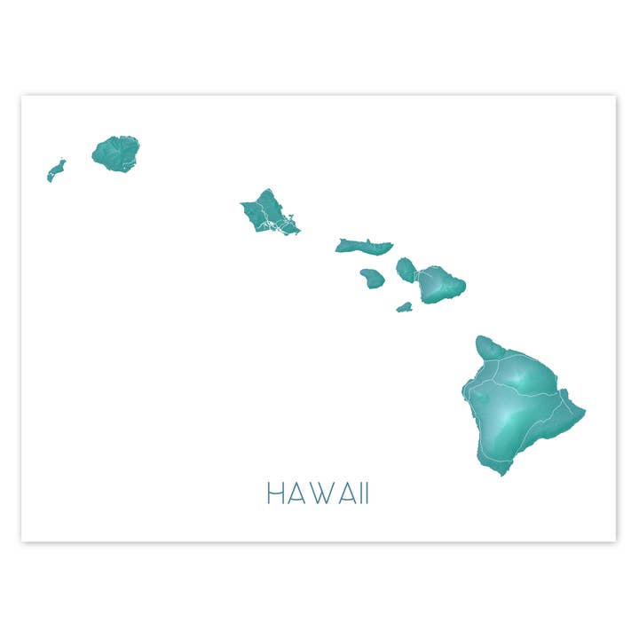 Hawaii Map Print, Hawaiian Islands Wall Art Poster, Maui, Oahu, Kauai, Turquoise for wholesale by Maps As Art