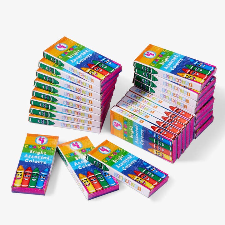 144 Boxes of Mixed Coloured Wax Crayons - 4 Crayons per box for wholesale by The Twiddlers