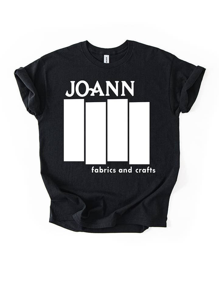 Drawings by Nicole - Wholesale Screen Printed T-Shirt - Unisex - PRESALE Joann Fabric Flag on black, punk satire unisex t-shirt for crafter. S-5xl1