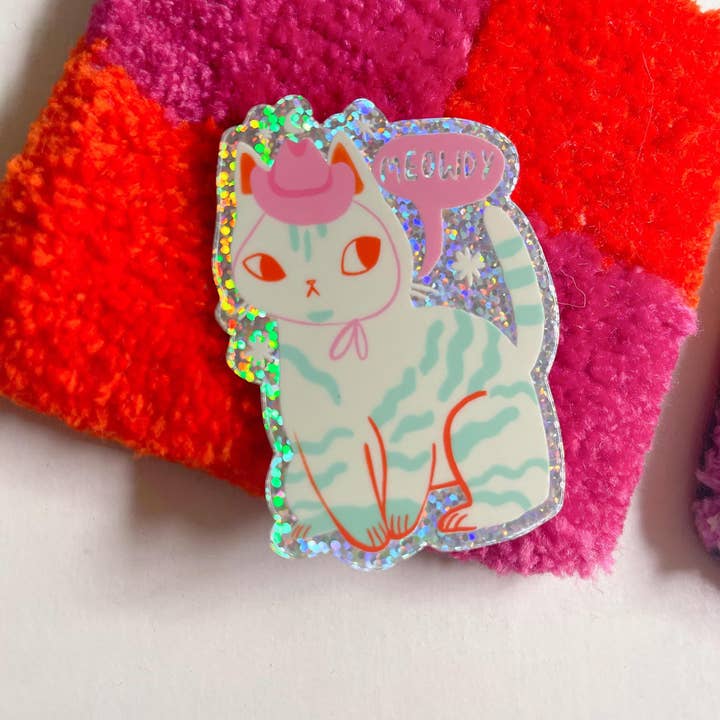 Bunny Dee - Wholesale Sticker - Meowdy the country cat glitter vinyl sticker1