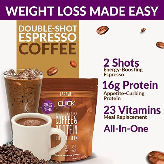 CLICK Coffee Protein Drink - Vente Poudres protéinées/superaliments - Substitut de repas à base de protéines de café CLICK, saveur caramel