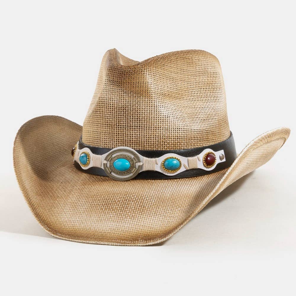Collections by Fame Accessories – Engroshandel Cowboyhat - Dame – Vestlig turkis stenrem stråcowboyhat1