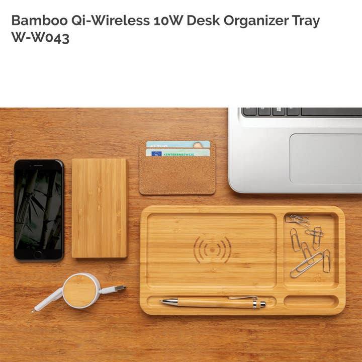 WUDN Handcrafted - Wholesale Desk Organizer - Solid Bamboo Desktop Organizer Tray with Wireless Charger (BLACKFOOT)