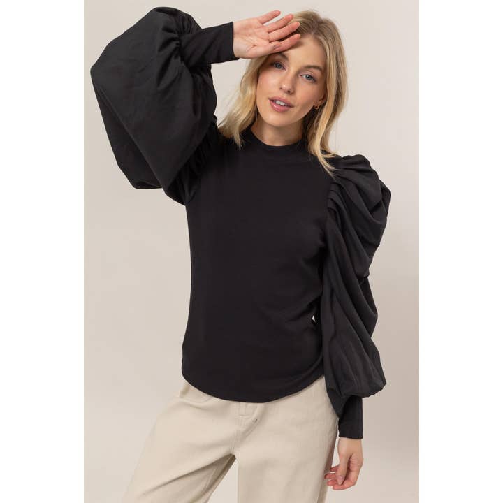 HYFVE - Wholesale Blouse - Women's - HF25A714-Mock Neck Puff Sleeve Blouse