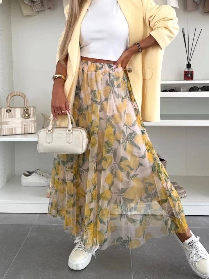 Fresh Lemon Graphic Mesh Maxi Skirt for wholesale by Rosa Clothing