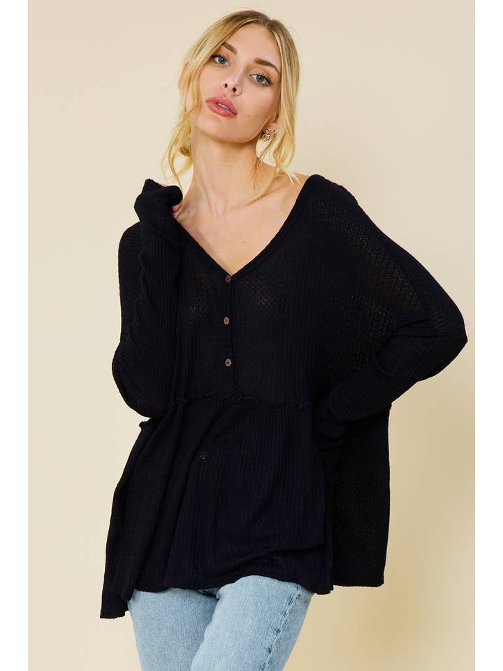 FSL Apparel - Vente Tunique – femme - ST6047 - HAUT PÉPLUM À MANCHES LONGUES ET COL HENLEY EN JERSEY GAUFRÉ18