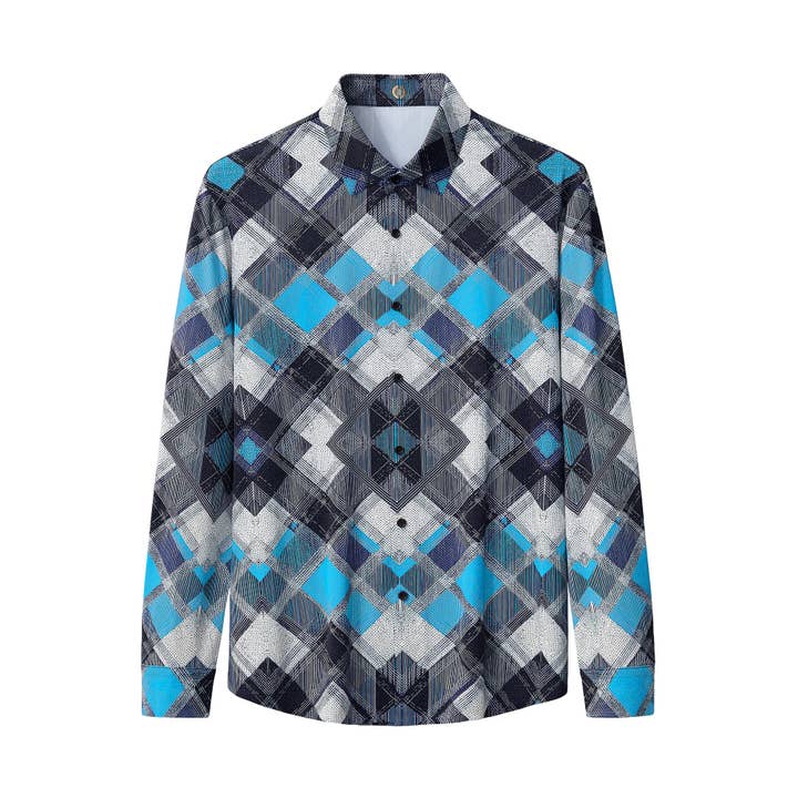 ELS102-Diamond Plaid Stretch Shirt – El Baron-BLUE for wholesale by BAROCCO