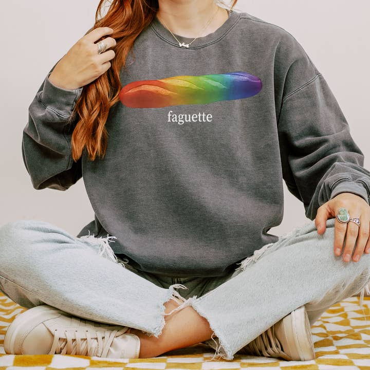 Glaime - Wholesale T-Shirt (Graphic) - Women's - Comfort Color Baguette Rainbow Shirt, Faguette LGBT Sweater1