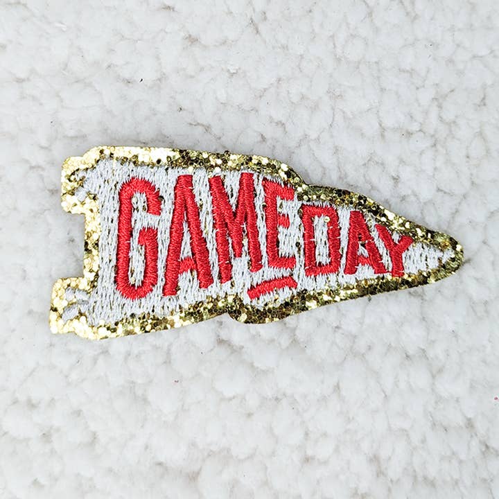 Trendy Transfers - Wholesale Patch - Embroidered & Glitter RED PENNANT Game Day HAT/POCKET Patch