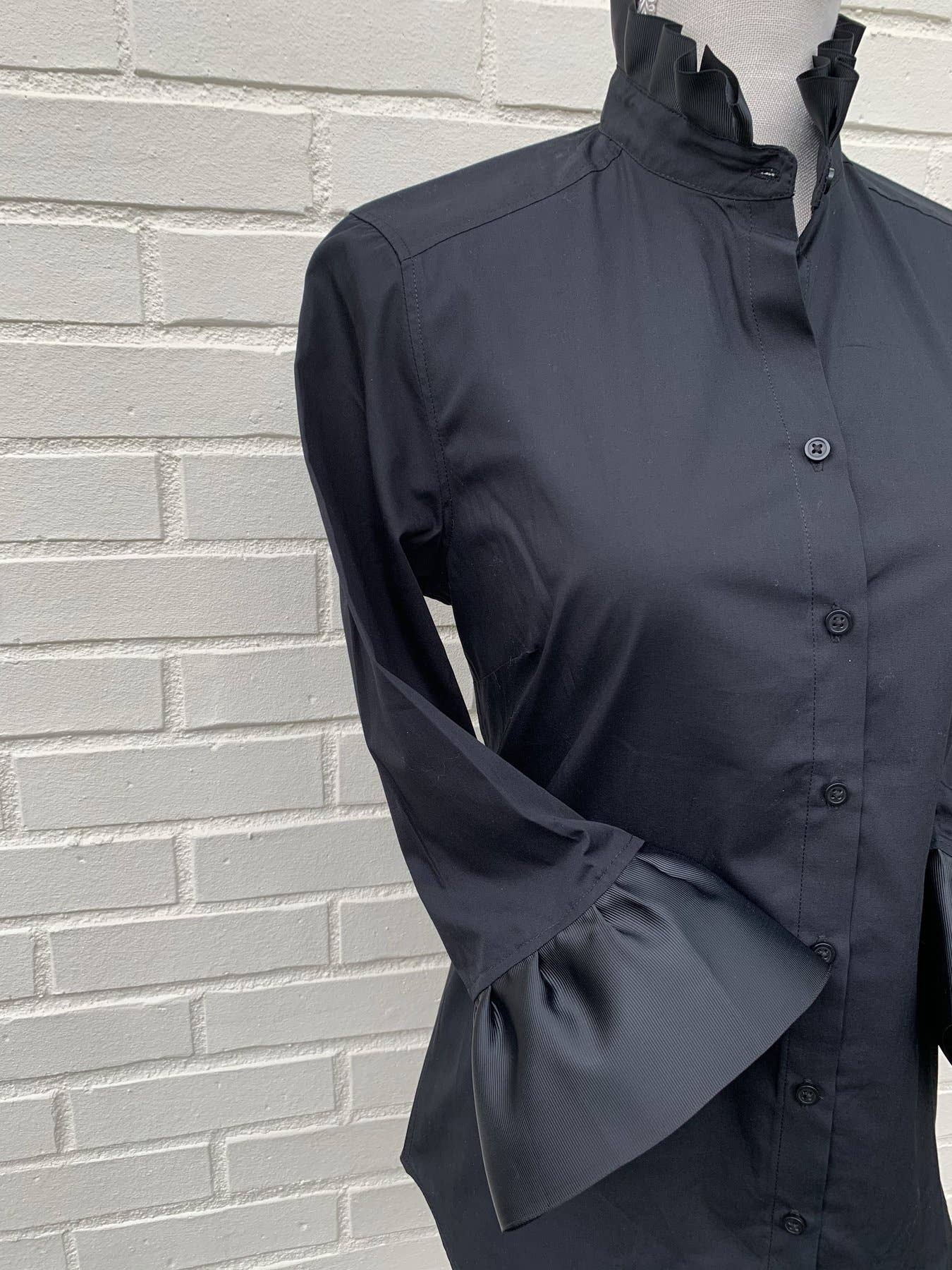 Pearly Vine - Wholesale Button Down Shirt - Women's - Barbara Ann Poplin Ribbon Trim 3/4 Sleeve - Black Black2