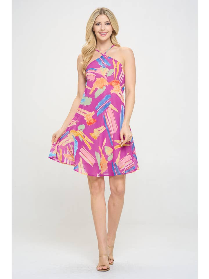 Magenta Made in USA Print Halter neck Swing Dress for wholesale on Faire