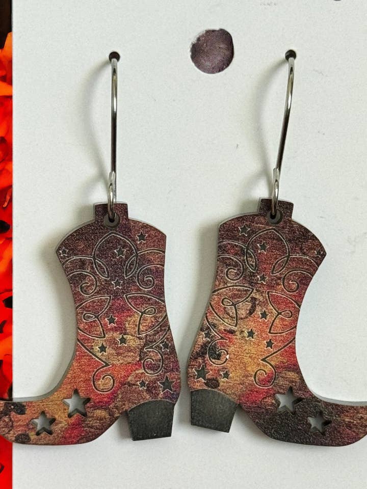 Sunset Paisley Cowboy Boot Earrings – Allergy-Free Eleganc for wholesale by Simply Perfect Design LLC