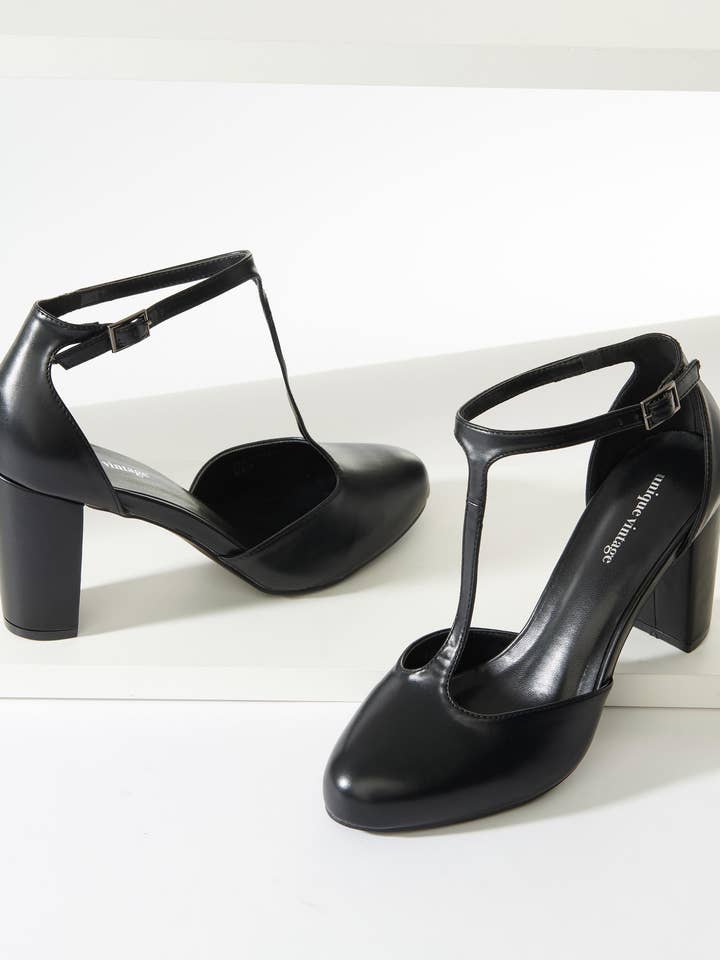 Unique Vintage Black Leatherette T-Strap Astaire Pumps for wholesale by Unique Vintage