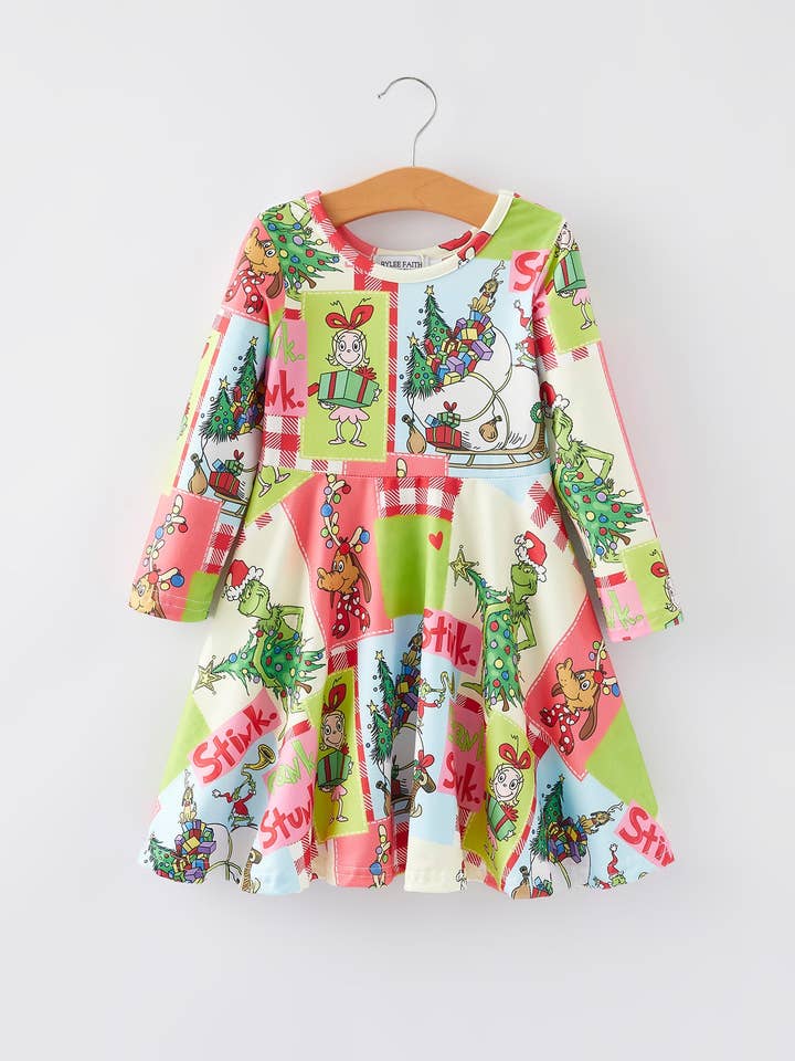 Rylee Faith Designs - Wholesale Dress - Kids - Autumn Winter Character Christmas Tree Print Girls Dress