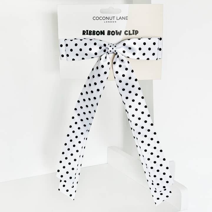 Ribbon Bow Clip - White Polka Dot for wholesale by Coconut Lane