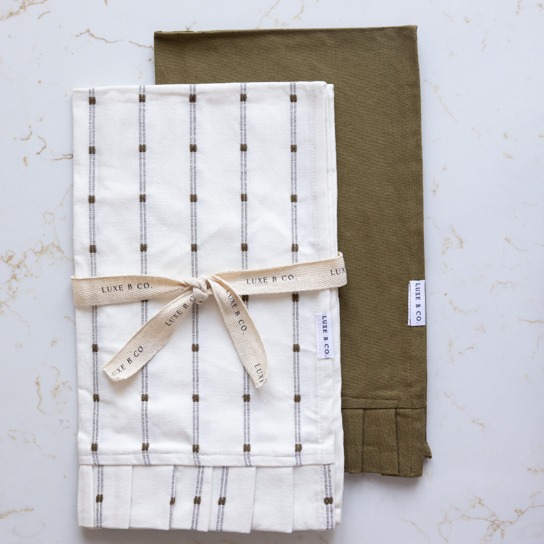 Luxe B Co - Wholesale Tea Towel - White Embroidery Olive Green Stripes Ruffle Kitchen Dish Towel2